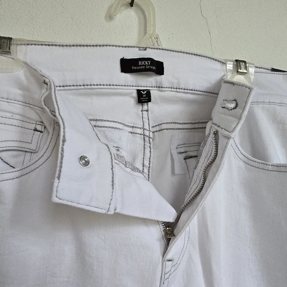 NWT True Religion White Ricky Flap Straight Leg Jeans Size 36